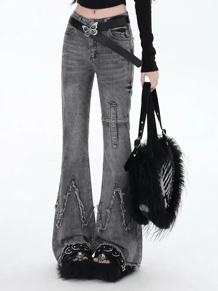 スリム ローフィット エッジ フレア グレー ジーンズ