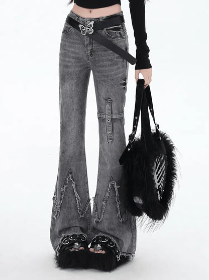 スリム ローフィット エッジ フレア グレー ジーンズ