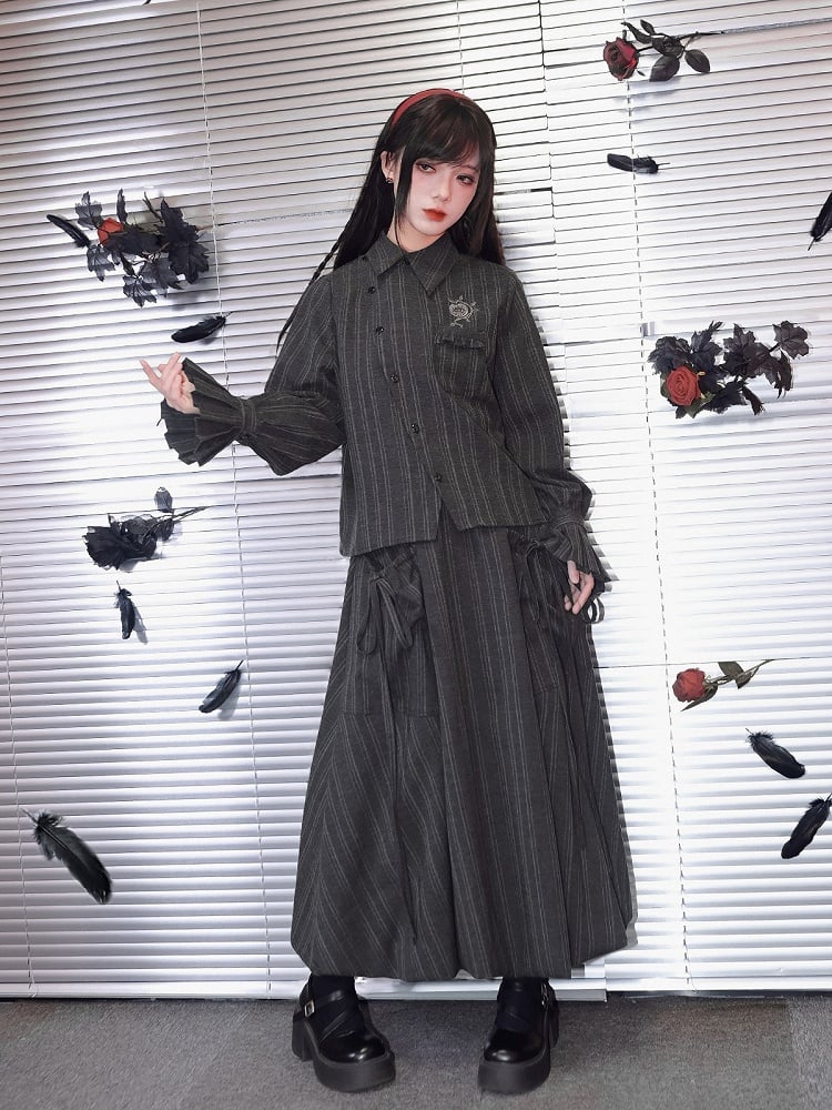 Vintage Design Skirt Chinese Midi Bud Pocket Stripe Hem Gray Large Gothic With