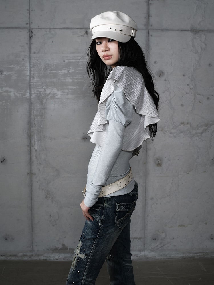 Chain Juliette Sleeves Flutter Blue Overlays Print Dusty with Top