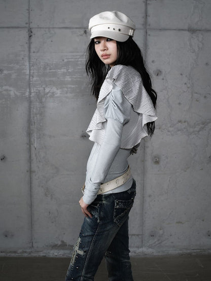 Chain Juliette Sleeves Flutter Blue Overlays Print Dusty with Top