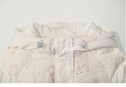 Süße weiße Daunenjacke mit Kapuze und Lamm-Print, kurze/lange Version