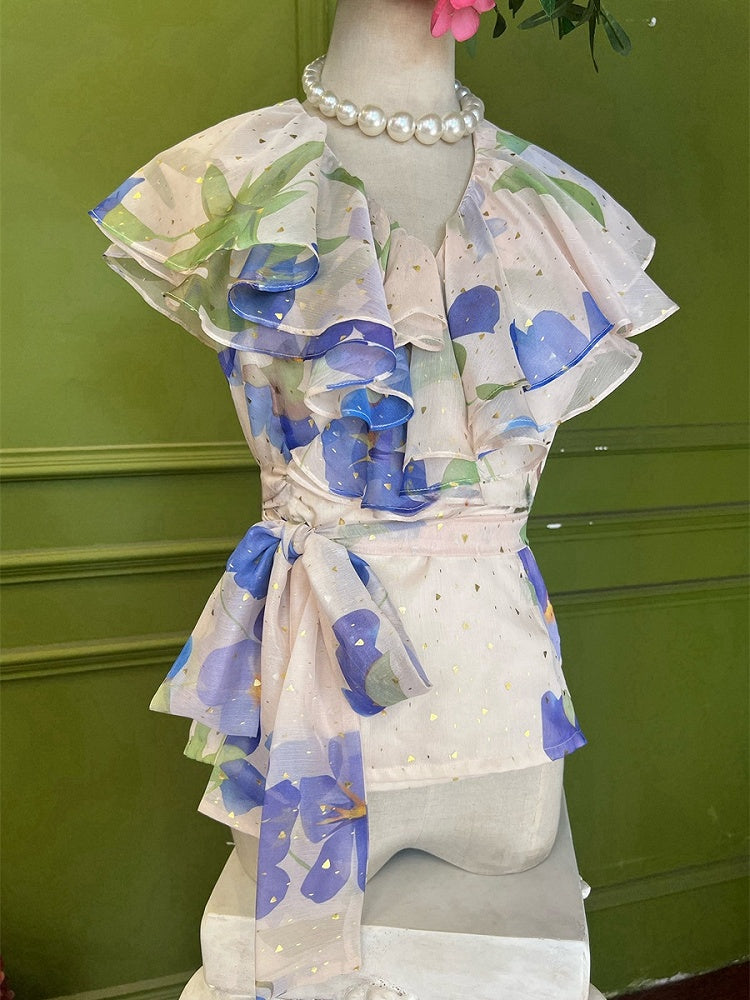 Light Pink Vintage Blue Floral Print Tiered Shawl Collar Chiffon Top
