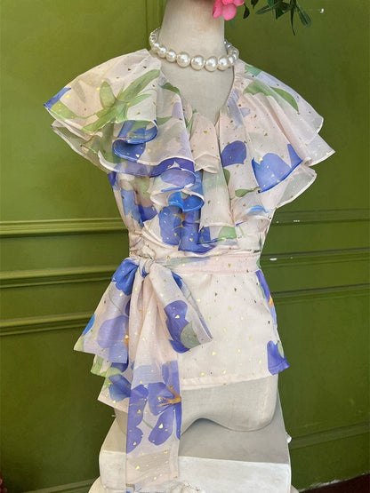 Light Pink Vintage Blue Floral Print Tiered Shawl Collar Chiffon Top