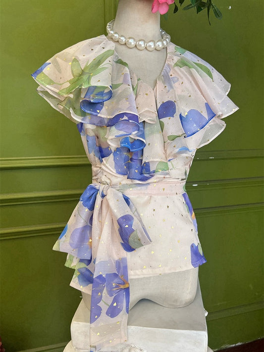 Light Pink Vintage Blue Floral Print Tiered Shawl Collar Chiffon Top
