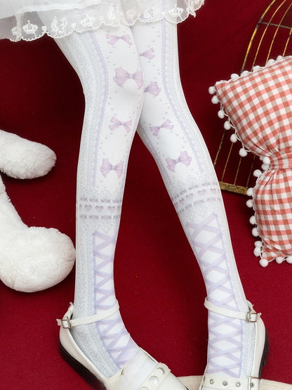 赤/黒のスイートロリータ蝶結びハートプリントタイツ