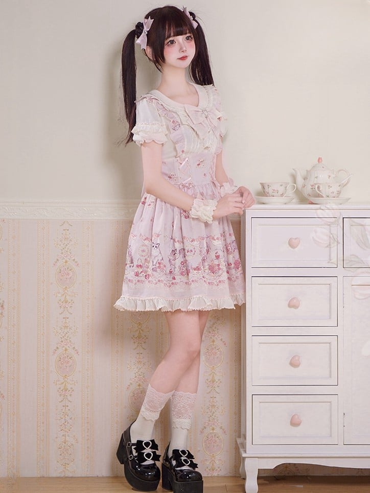 Lace-up Design Sweet Pleating Kei Details Print Pink Cat Jirai