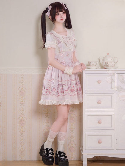 Lace-up Design Sweet Pleating Kei Details Print Pink Cat Jirai