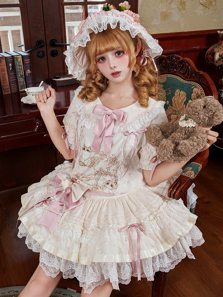 Beige & Pink Low Waist Dollcore Lolita OP Dress with Cat Print & Ribbon - Mirror Ragdoll
