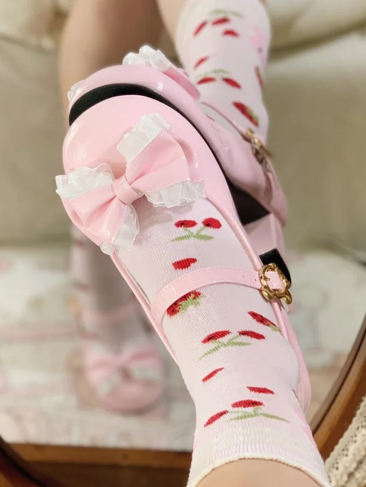 with Floral Round - Lolita Sweet Mid Heels Toe Pink Bow