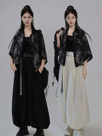 Black Ink Wash Floral Short Sleeve Tencel Shirt and Camisole Set - Feng Hua Gui Guo Ling