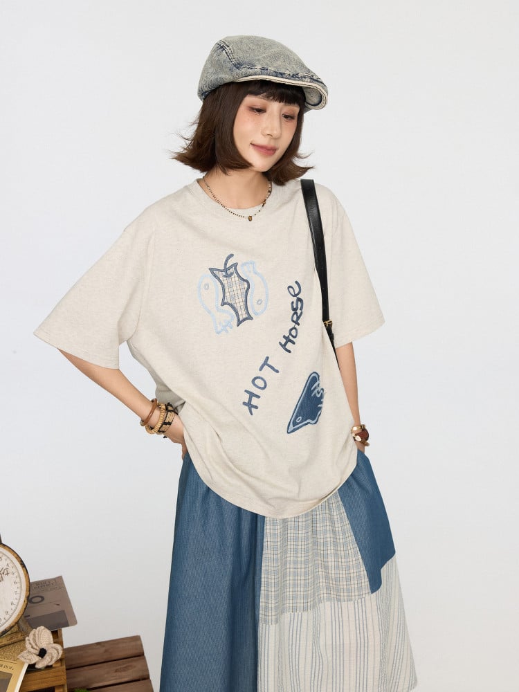 Gray Kawaii T-shirt Patch Details Embroidery Cute