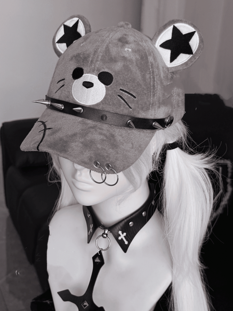 キャップデザイン スタッド パンク マウス 詳細 グレー 尖った