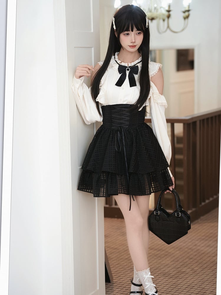 Set: White Blouse Jirai / Shoulder Lace-Up Open Tiered Kei Skirt Waist Black High Two-Piece