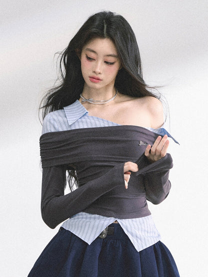 グレーとブルーのストライプ柄のツーピース、アシンメトリーネックラインのフェイクトップス