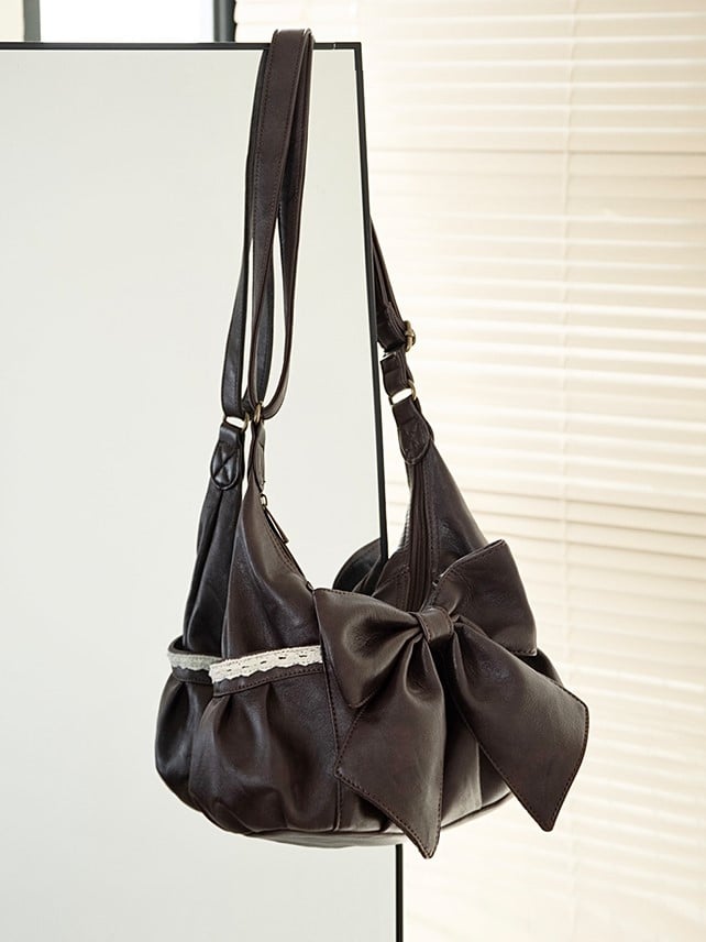 Bow With Oversized Shoulder Detailed Brown Elegant Tote Bag Classic Lace