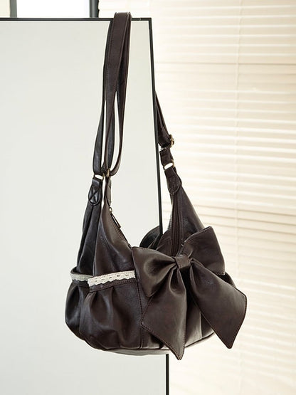 Bow With Oversized Shoulder Detailed Brown Elegant Tote Bag Classic Lace
