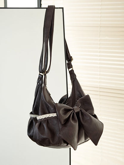 With Oversized Bag Detailed Brown Classic Shoulder Lace Tote Bow Elegant