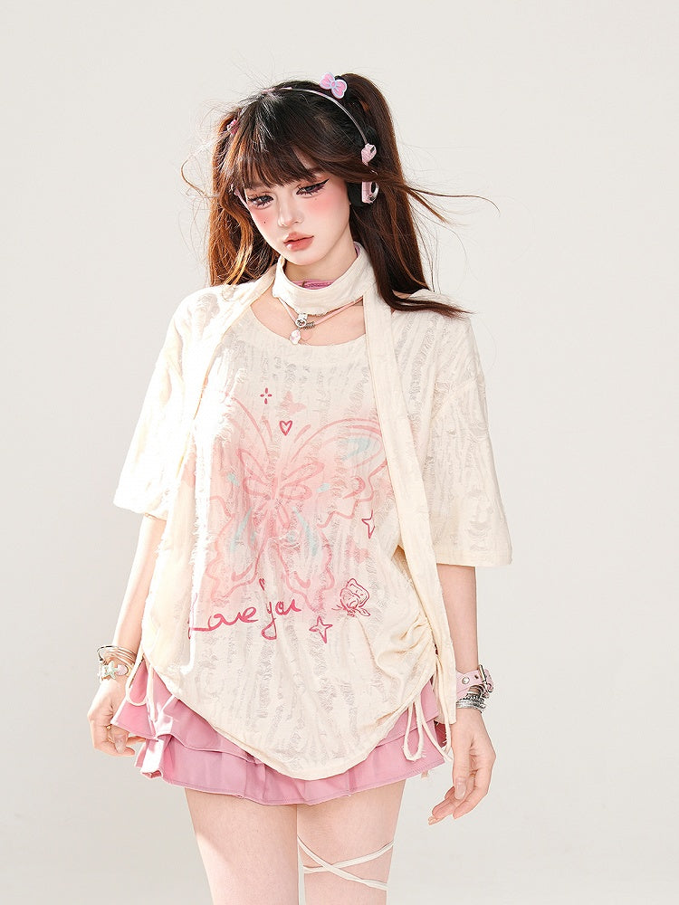 with Butterfly Print Distressed Holes Asymmetrical Apricot T-Shirt Neckline Free Scarf