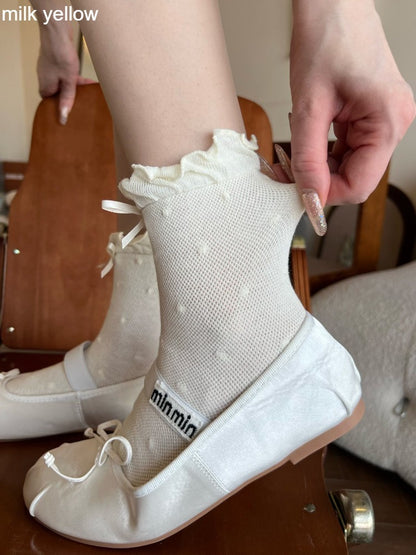 Polka Dot Ruffled Ankle Socks with Bow - Xi Shang Mei Shao
