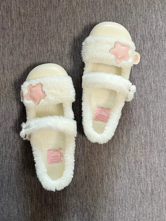 Accent Beige Lolita Plush Fleece-Lined Pink Star - Snap Flats Cozy Button