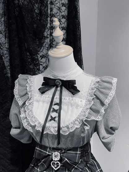 / Lace Trim with Bead Details  White Plaid Blouse Jirai Kei Illusion Neckline Black