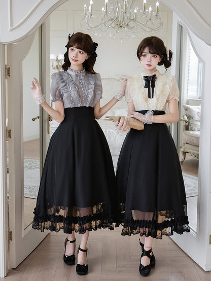 Gray Ruffled Blouse & Black Long Skirt Fake Two Pieces Lolita Dress - With PUJI