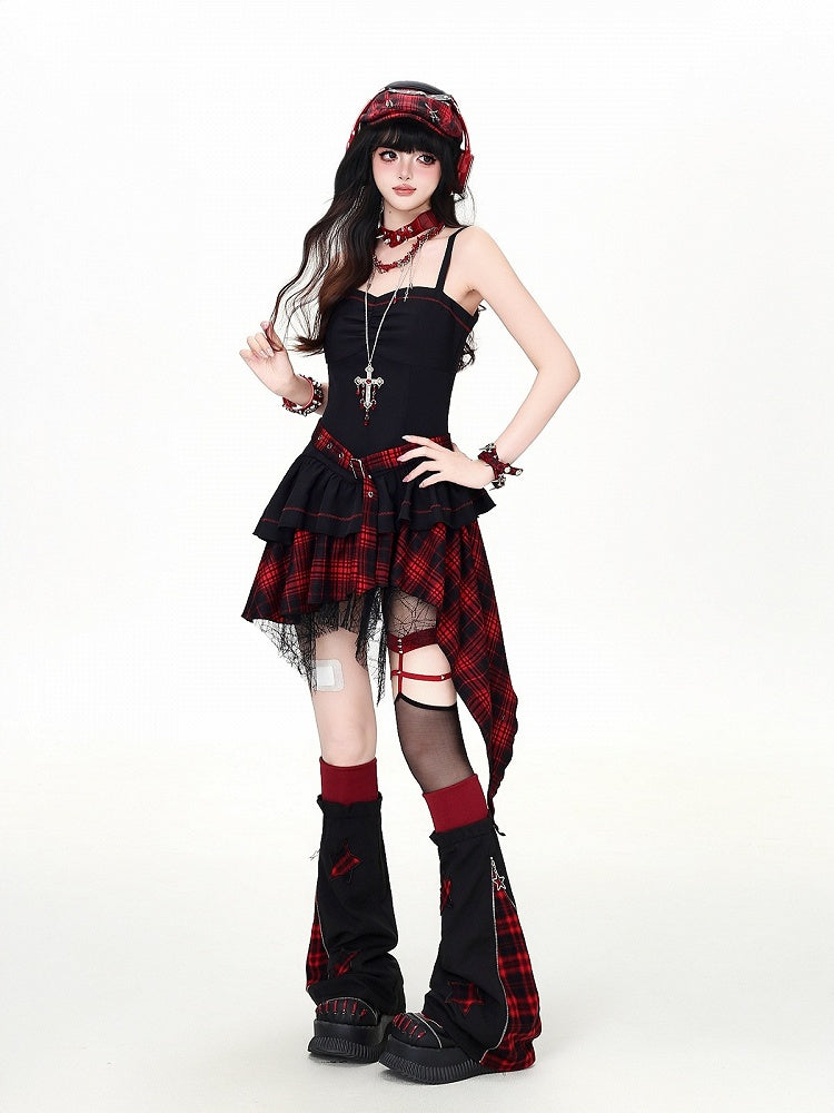 Asymmetrical Hem Camisole Dress in Red Black Plaid - CRAZY GIRL