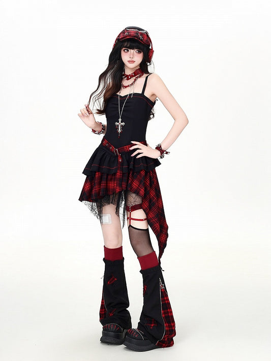 Asymmetrical Hem Camisole Dress in Red Black Plaid - CRAZY GIRL