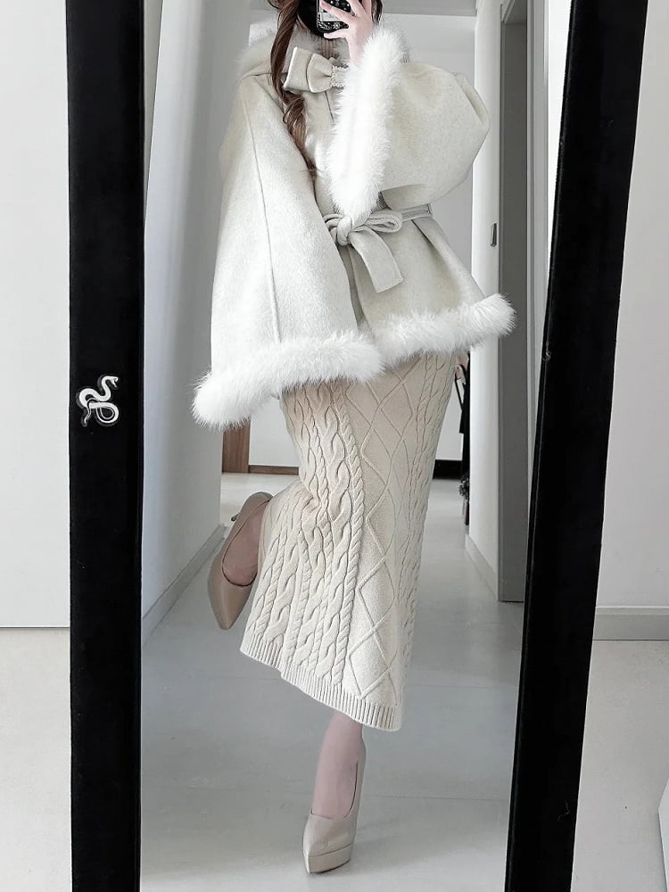 Clean Kei x Jirai Kei Apricot Wool Cape with Detachable Back Bunny Ears & Plush Trim