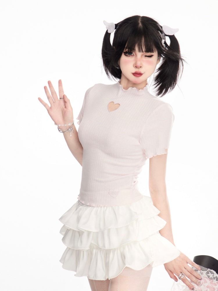 ハート型カットアウトレタス裾Tシャツネックピンクモック