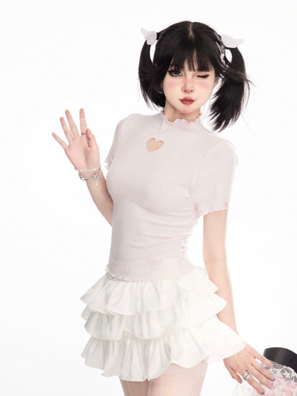 ハート型カットアウトレタス裾Tシャツネックピンクモック