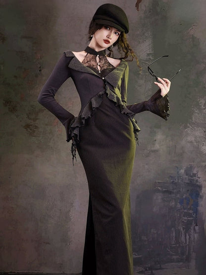 Retro Black & Gray Two-Piece Look Striped Halter Gown with Ruffled Trim - sijinstudio