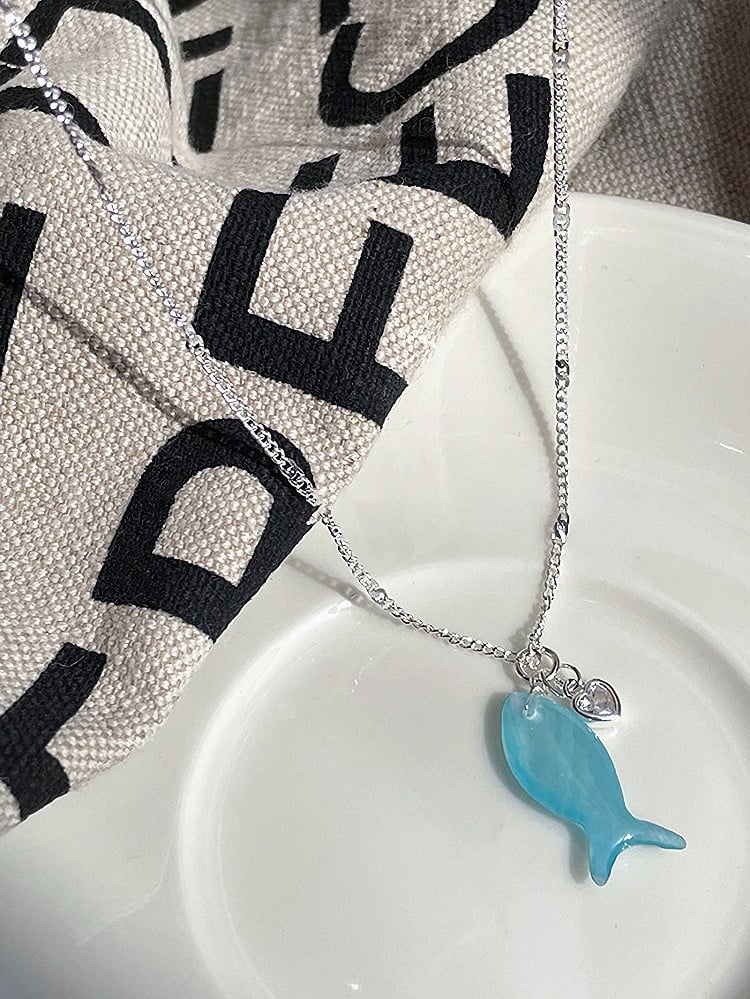 Y2K Necklace Blue/White Fish Heart And Bittersweet Rhinestone Pendant