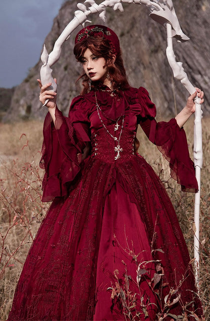 Long Sleeves with Flounce Cuffs Gothic Lolita Red Blouse
