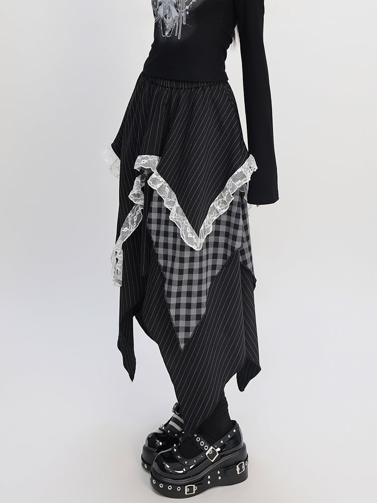 Hem Maxi Dress with Plaid  Stripe Patchwork and Lace Trim Black Handkerchief