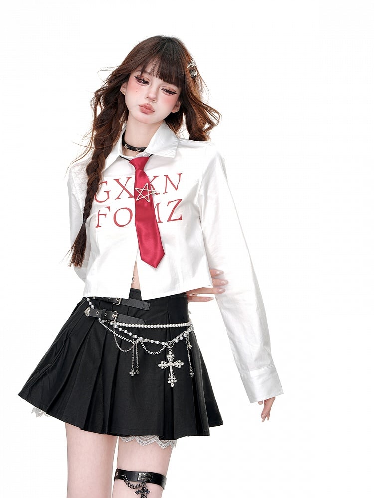 ブルー/ホワイトのストライプ柄クロップドシャツ（フリーネクタイ付き）