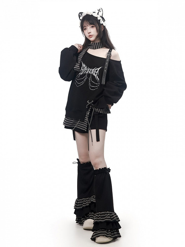 Black Multi-layer Ruffled Striped Leg Warmers - PINK SAVIOR
