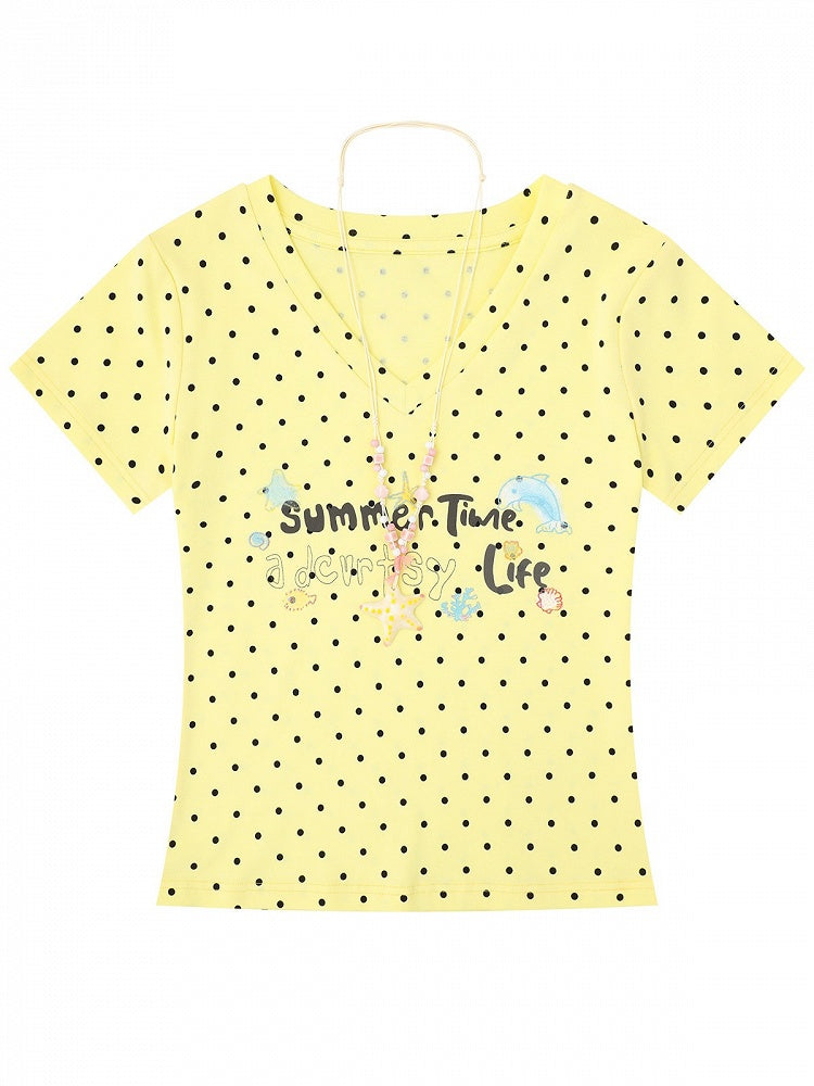 Yellow Summer Kawaii Letter Print V-Neck Short Sleeve T-Shirt with Starfish Necklace - Languid Park