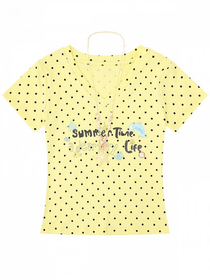 Yellow Summer Kawaii Letter Print V-Neck Short Sleeve T-Shirt with Starfish Necklace - Languid Park