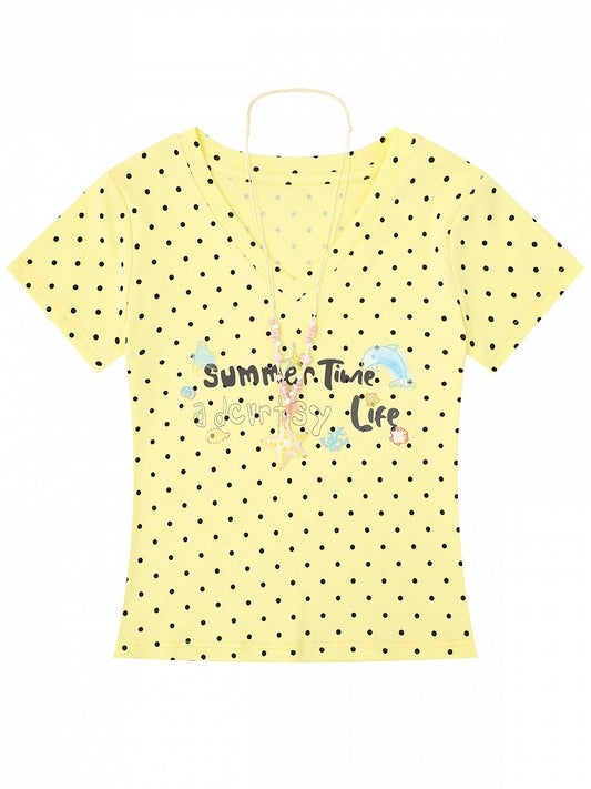 Yellow Summer Kawaii Letter Print V-Neck Short Sleeve T-Shirt with Starfish Necklace - Languid Park