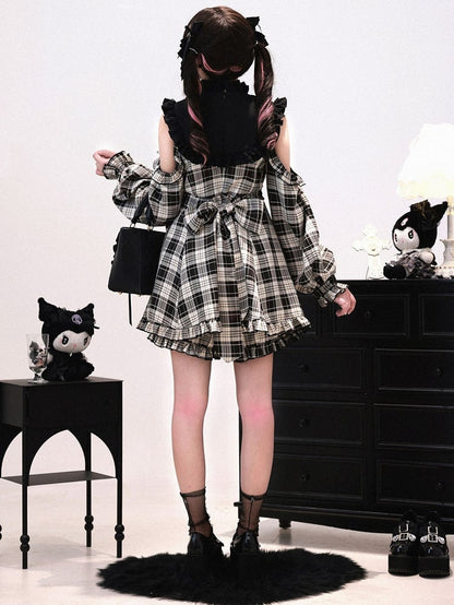 + 3-in-1 Set: Design Jirai Convertible Beige Kei Shorts Sleeve Black | Dress Plaid