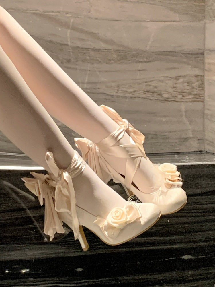 Champagne Rose Theme Lolita Shoes with Lace-up Design - 9.5cm High Heel - Cheese Mango