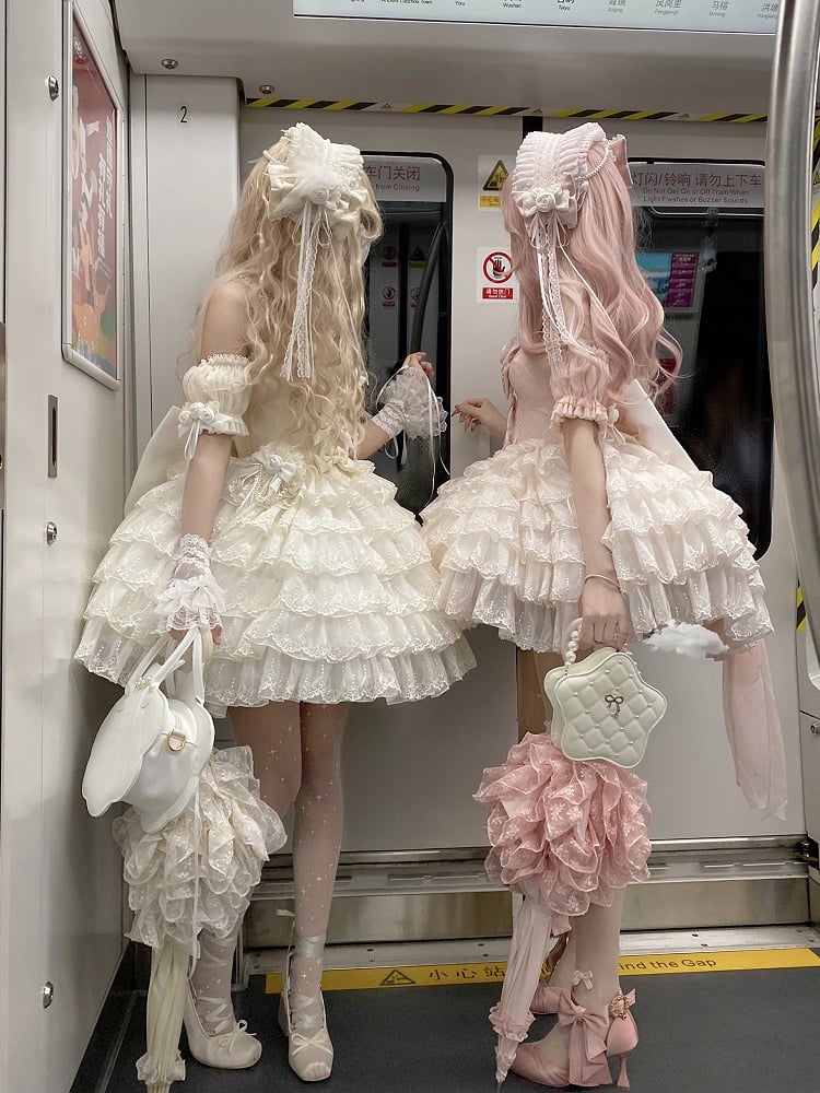 Neckholder-Kleid in Beige mit Lolita-Ausschnitt und Balletcore-Prinzessin Sweetheart