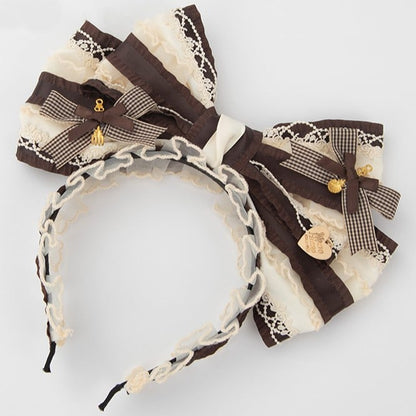 Plaid KC Brown Big Bowknot Sweet White Lace Lolita
