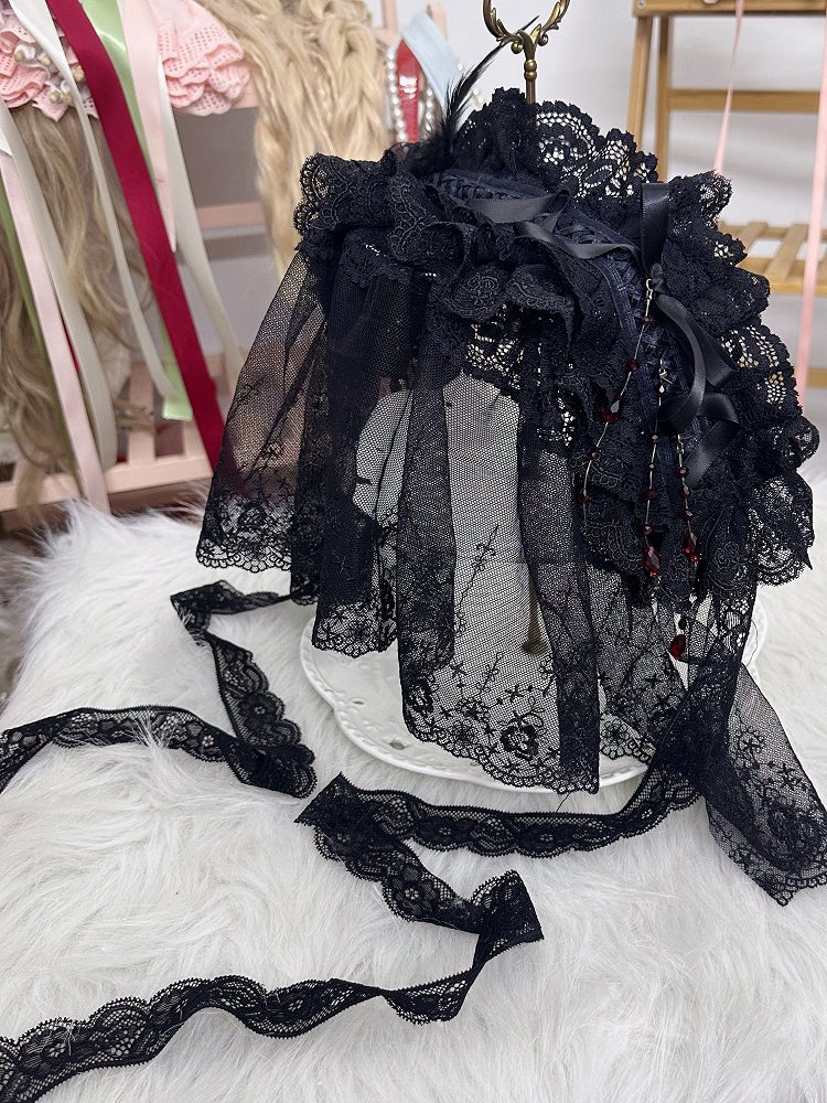 Lace Red Black/White Veil Lolita Hairband Gothic Ruffled Rose Beads With