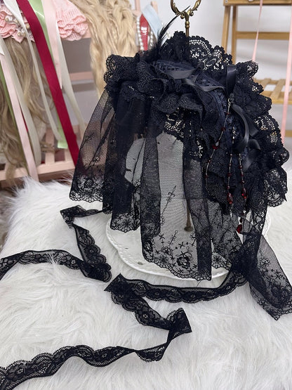 Lace Red Black/White Veil Lolita Hairband Gothic Ruffled Rose Beads With