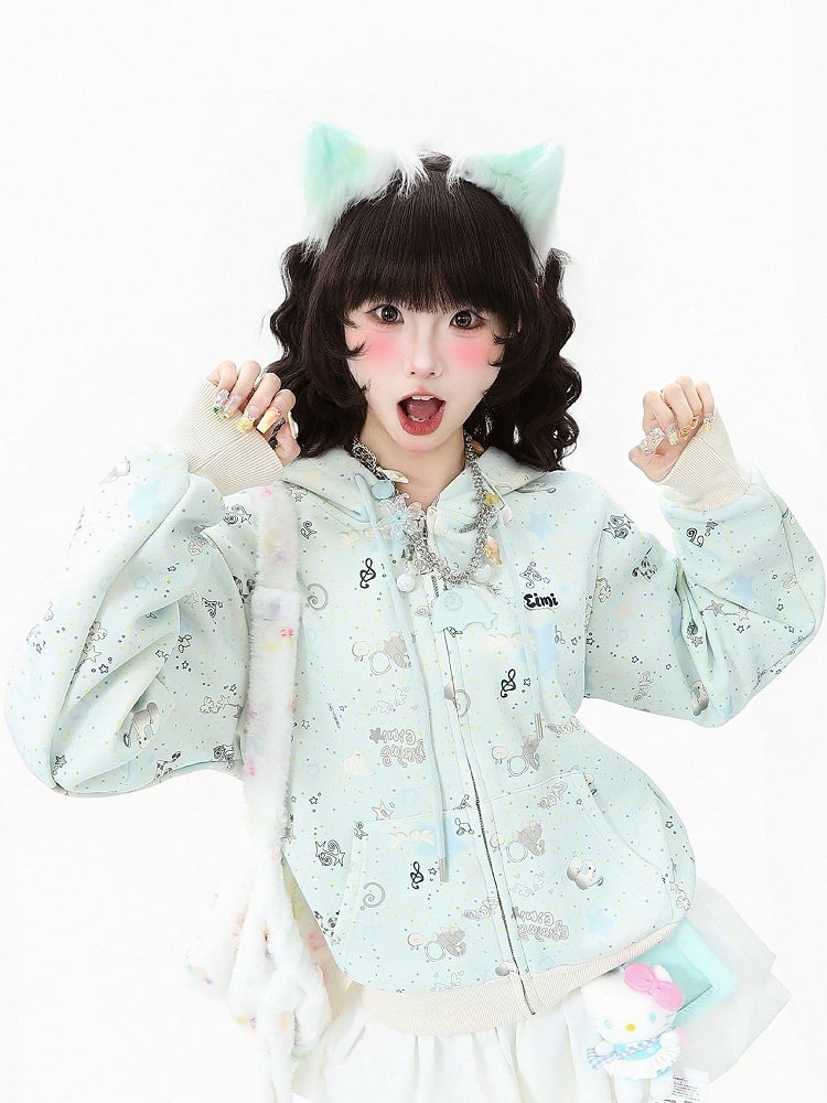 Closure Apricot/Green Zipper with Kawaii Daily Hoodie Jacket