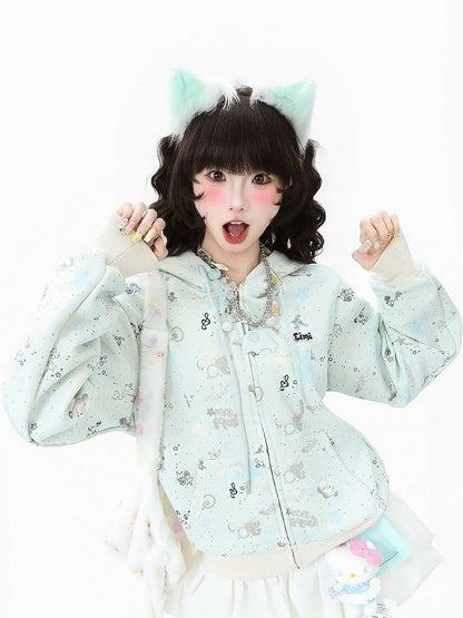 Closure Apricot/Green Zipper with Kawaii Daily Hoodie Jacket