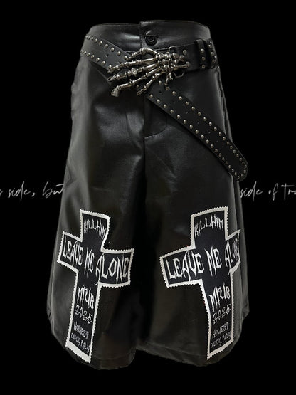Rock Y2K Black Cross Applique Punk PU Wide-Leg Pants